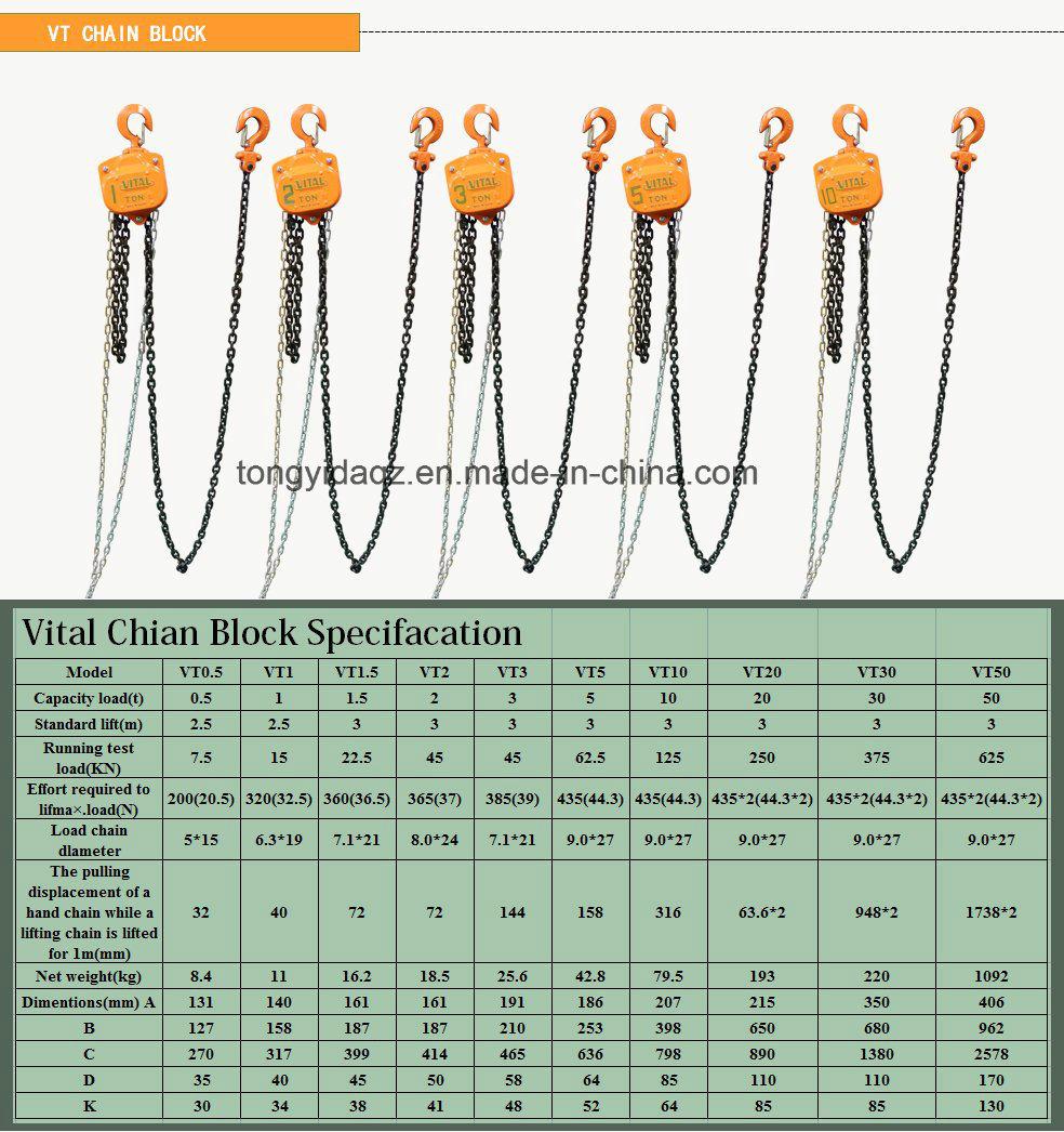 1ton 2ton 3ton 5ton Top Quality Manual Chain Hoist Chain Pulley Block Vital Brand with G80 Loading Chian