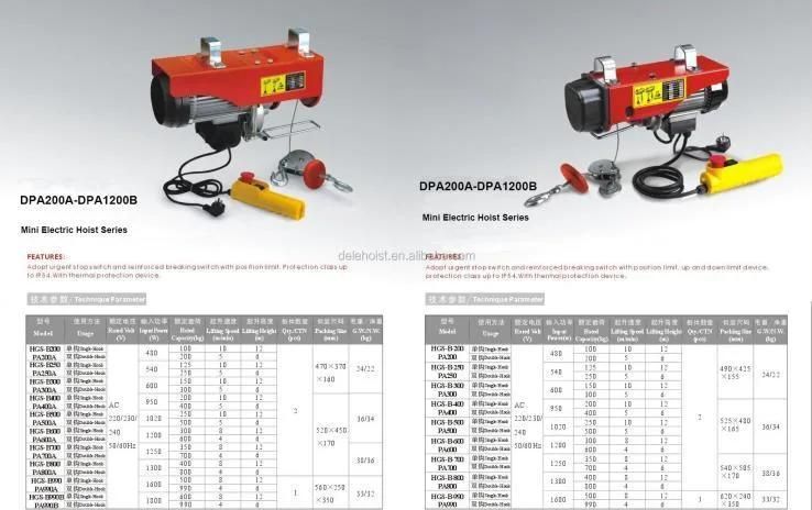 Dele Dpa200A Electric Hoist with Wireless Remote Simplicity of Operator Small Pulley Hoists