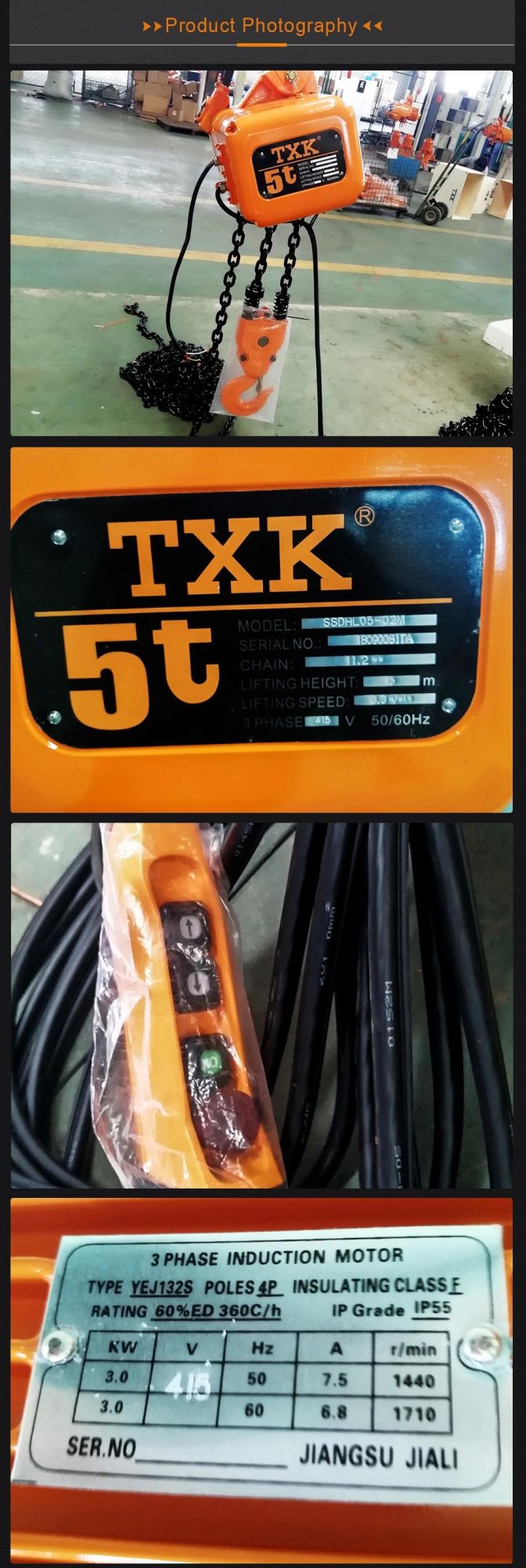 Txk 3 Ton with IP65 Pendant Control Double Speed Electric Hoist
