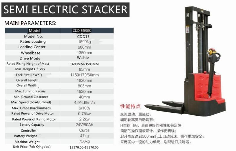 Vision Good Quality 1500kg Electric Stacker /Staker /1.5ton Mini Electric Pallet Truck /Forklift