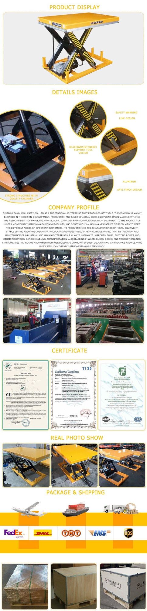 CE Approved Customized Hydraulic Four Scissor Lift Table in Industrial