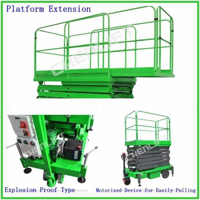 CE Certified 12m Lift Height Manual Pushing Scissor Lift with Extension Platform