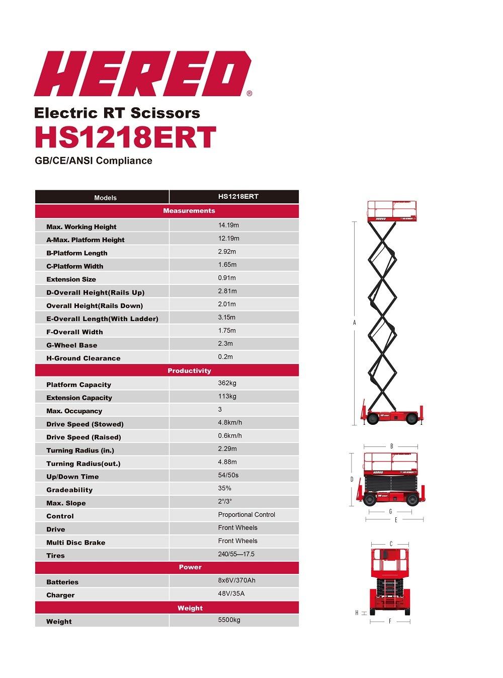 Hered Brand HS1218ert 12m 14m Heavy Duty Rough Terrain Outdoor Electric Hydraulic Scissors Type Scissor Lift Man Lift Aerial Work Platforms with Outrigger