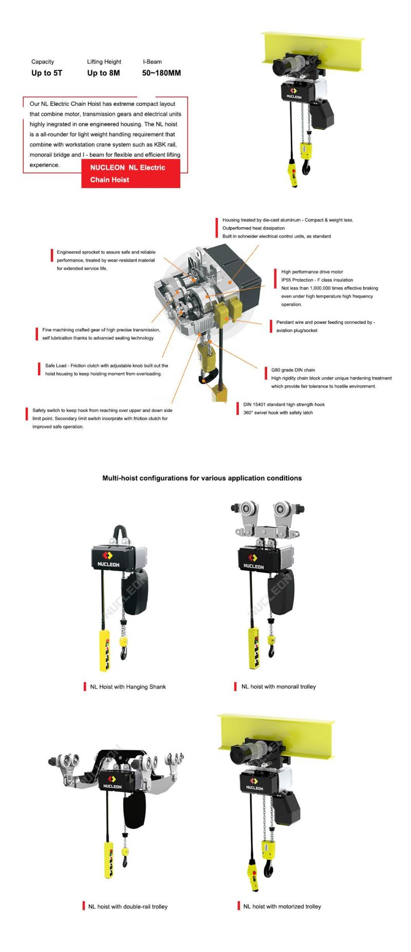 CE Verified 500 Kg 1 Ton 2 Ton 3 Ton 5 Ton High Performance Monorail Low Headroom Electric Chain Hoist with Motorized Trolley for Overhead Crane Girder & I Beam