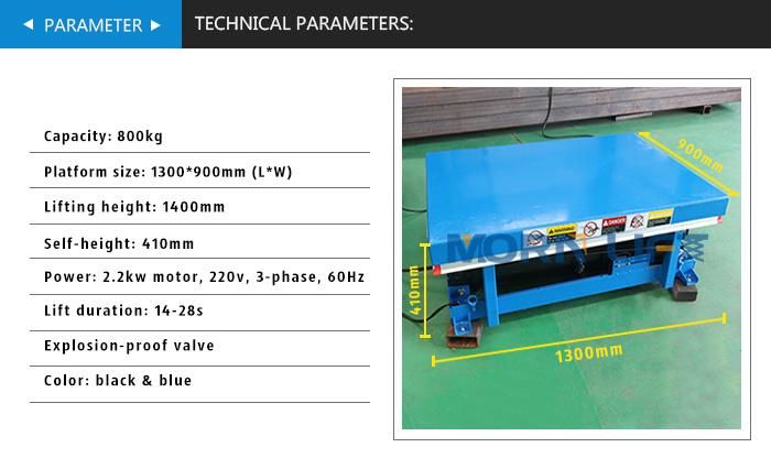 Fixed Electric Hydraulic Scissor Lift Table with Capacity 800kg Height to 1.4m
