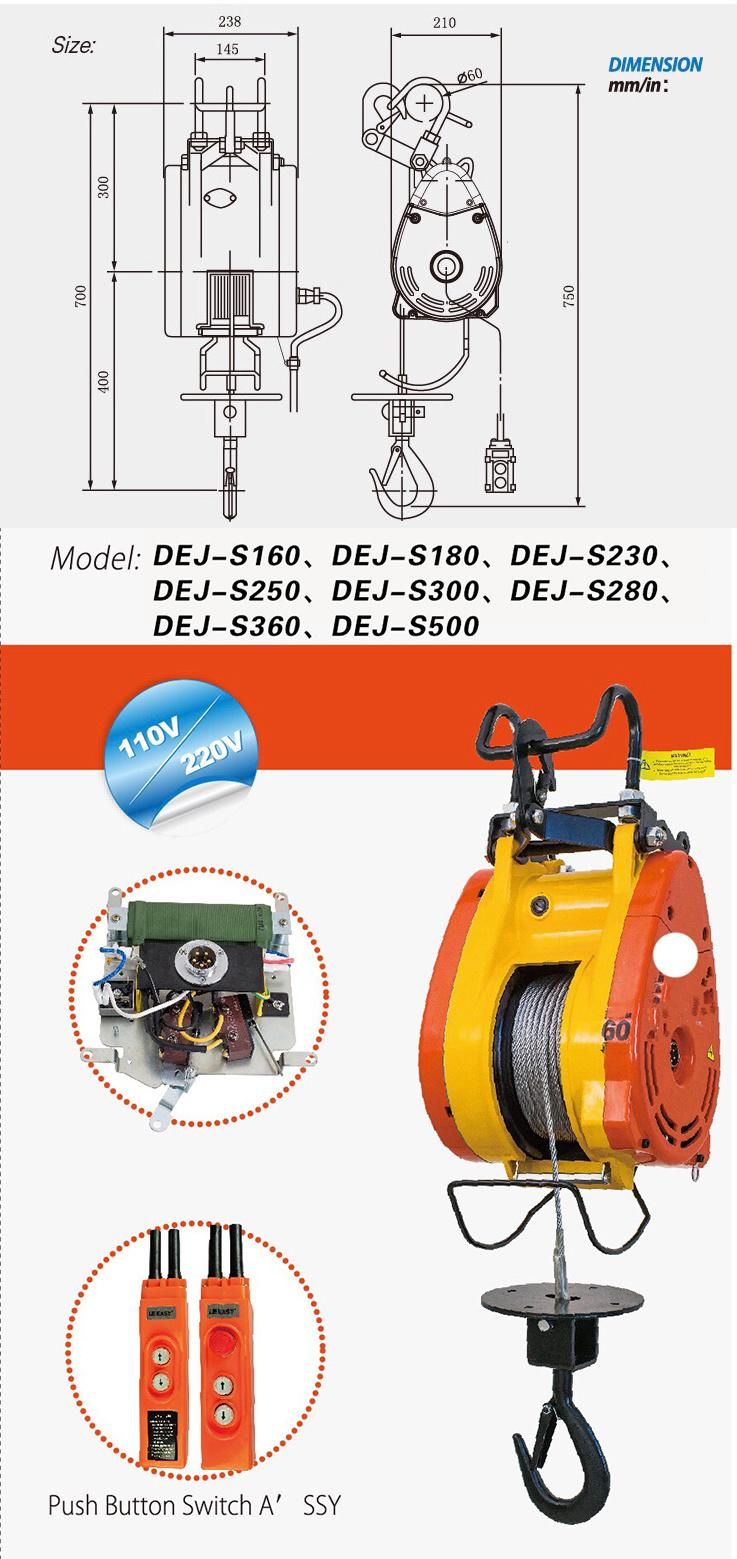 Dej-S230 Mini Electric Wire Rope Hoist Lifting Machine