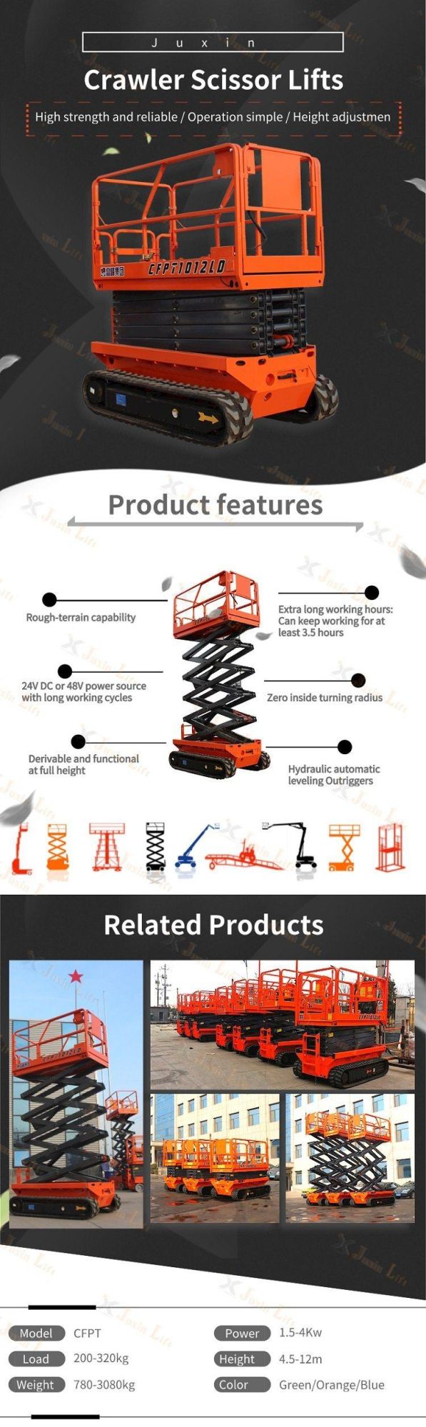 En280 Approved 6m 8m 10m 12m Crawler Self Propelled Automatic Aerial Work Vertical Platform Scissor Lifts on Rough Terrian