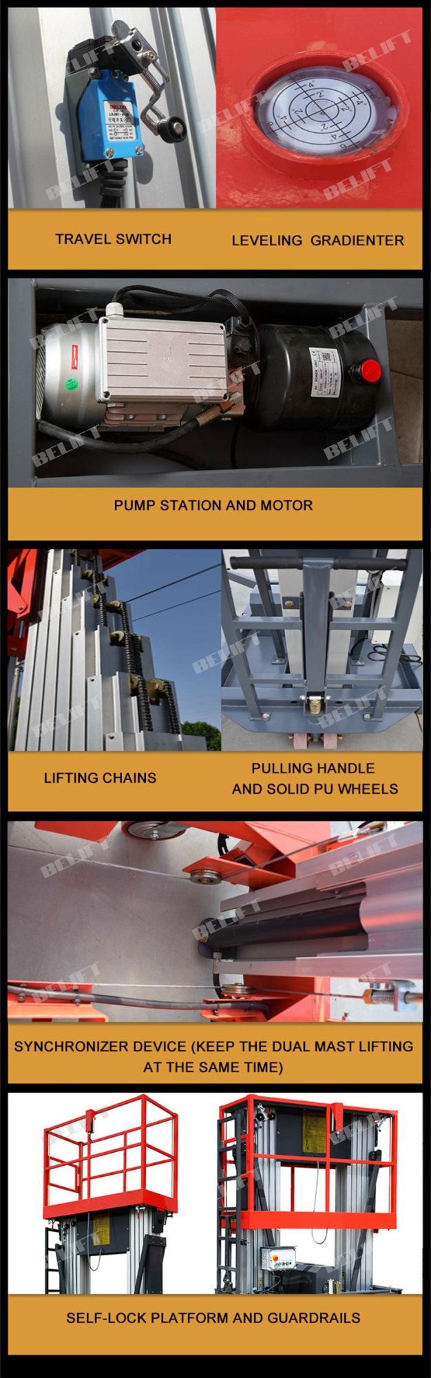V 200kg Weight Dual Masts Aluminum Aerial Work Platform Hydrolic Lift