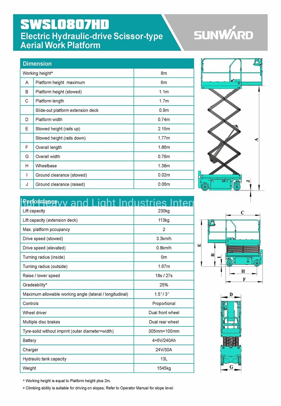 Sunward Self Propelled 8m Hydraulic Mobile Scissor Lift Table Swsl0807HD