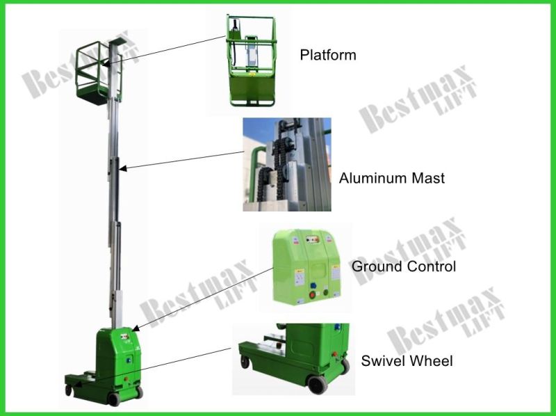 9m Platform Height Self Propelled Vertical Lift with Swivel Wheel for European Market