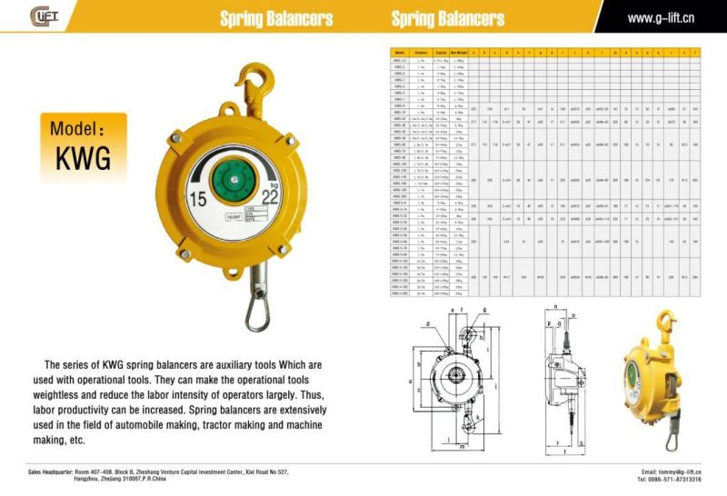 Kwg Spring Balancer 5-22kgs Factory Sling Puller Workshop Spring Crane Tower Balancer