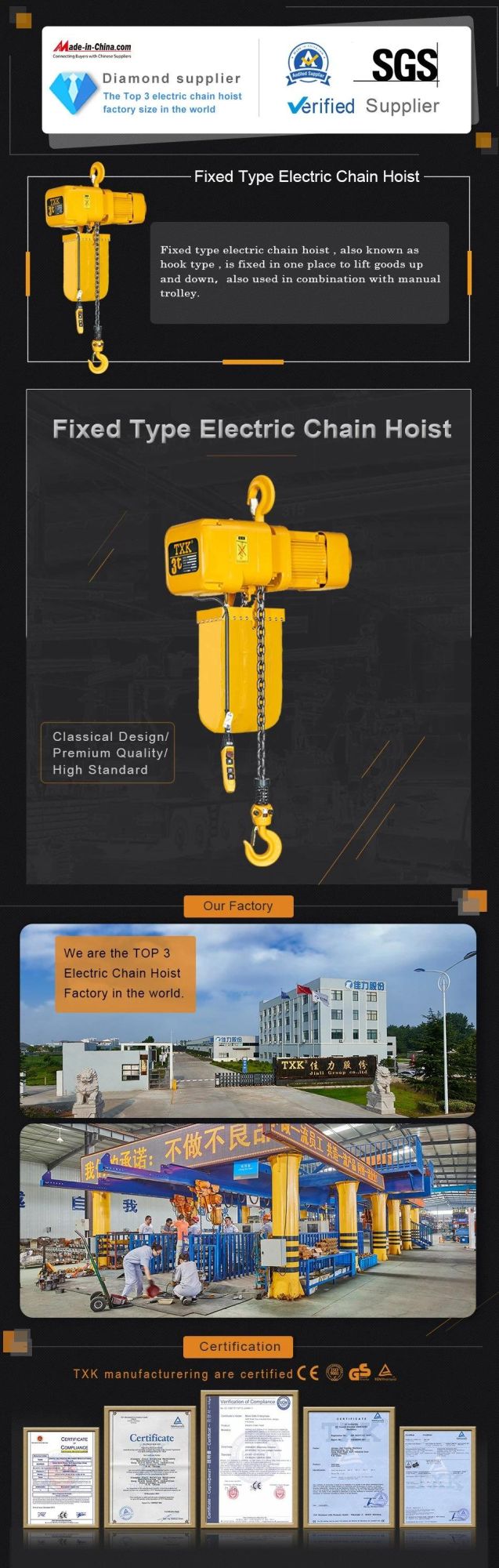 Txk 3 Ton with IP65 Pendant Control Double Speed Electric Hoist