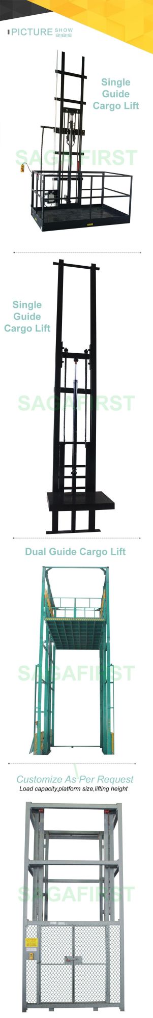300kg 500kg 800kg 1000kg 2000kg Hydraulic Warehouse Wall Mounted Small Cargo Lift for Goods