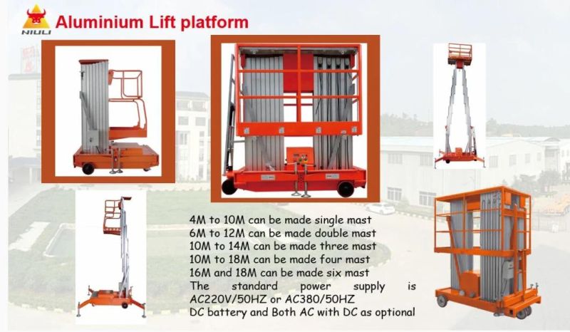 Niuli DC Power 6m Movable Hydraulic Auto Lift Aerial Work Platform Electric Vertical Lifter