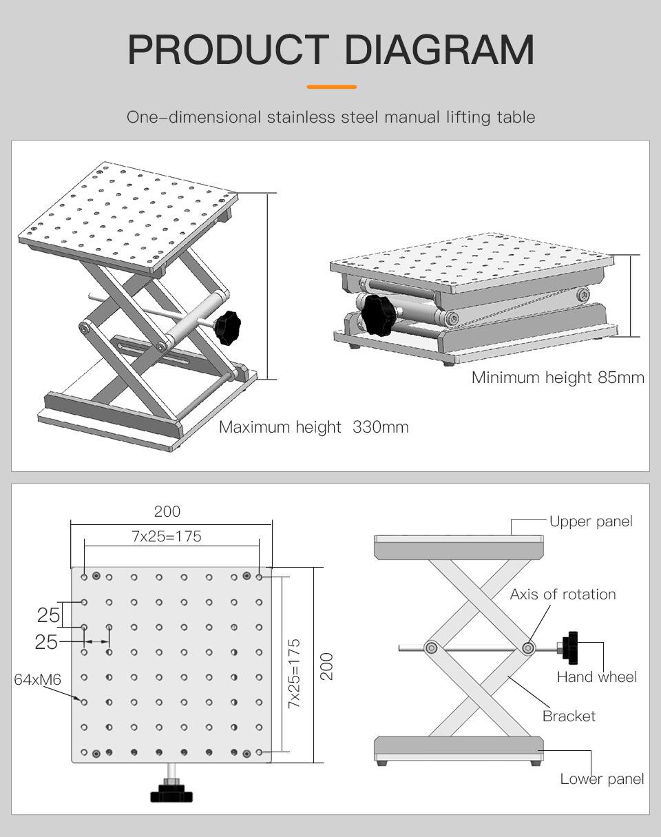 Startnow Laser Marking Machine Lift Platform 200X200mm One Dimensional Stainless Steel Adjustable Manual Lifting Table