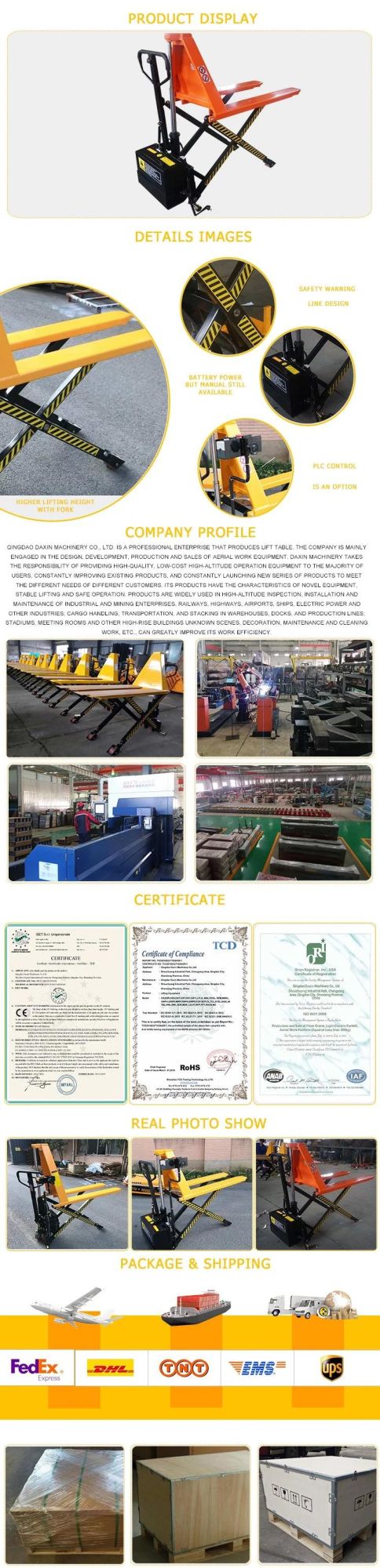 Daxlifter CE Approved Automatic Telescopic Electric Pallet Lift Table