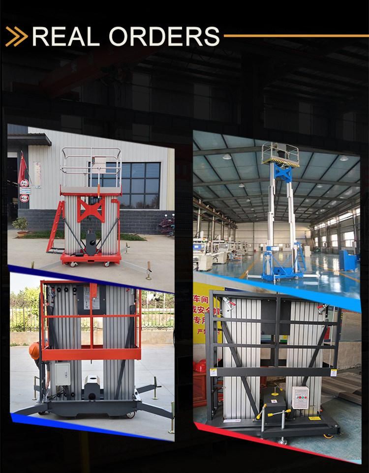 Max Working Height 8m-18m High End Dual Mast Aluminum Types Hydraulic Construction Towable Lift Battery Lifter Machine