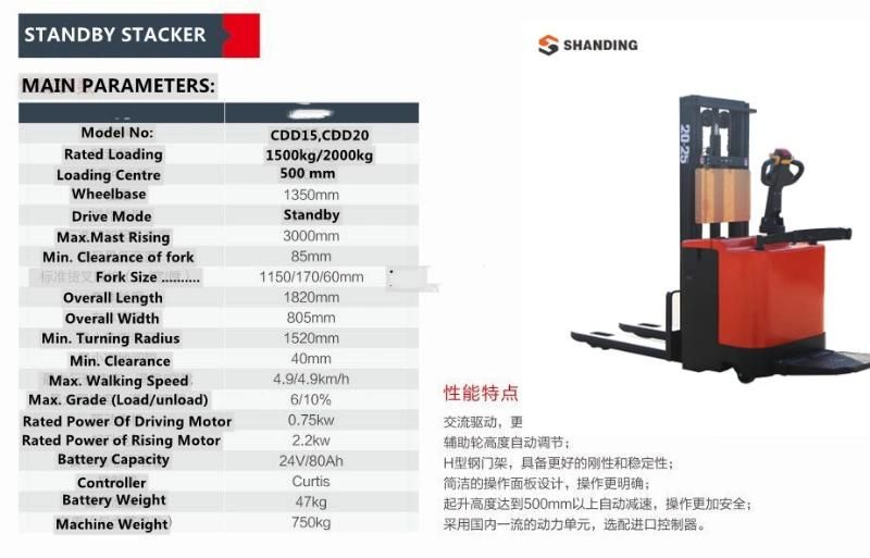 China Hot Sale CE Approved Cdd15 Semi Electric Stacker 1.5 Ton Electric Stacker for Sale