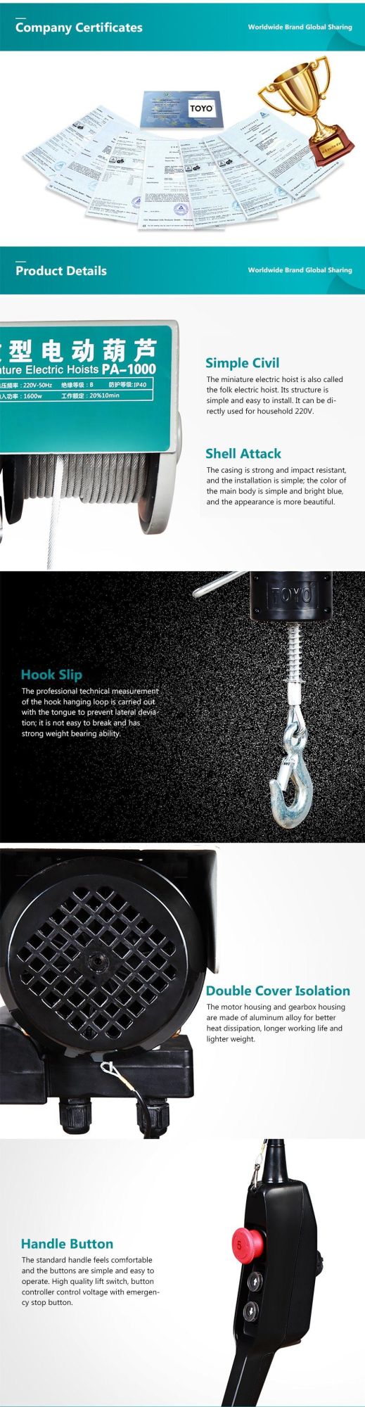 Toyo Mini Portable 200kg 300kg Remote Control Electric Winch Wire Rope Electric Hoist