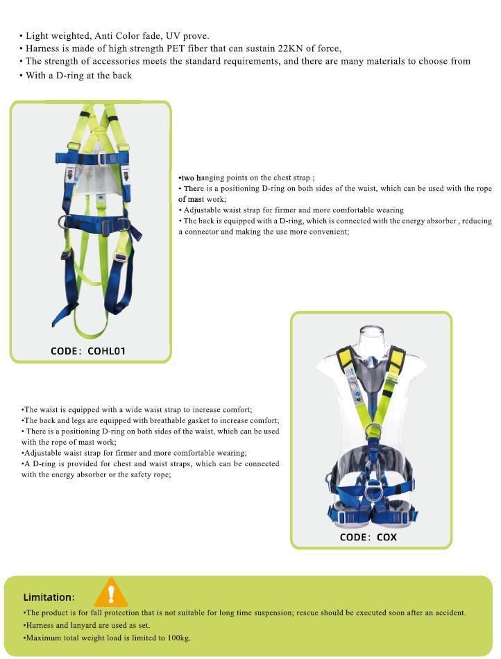 Aluminum Automatic Buckles Polyester Webbing CE Full Body Harness Anti-Falling Safety Harness