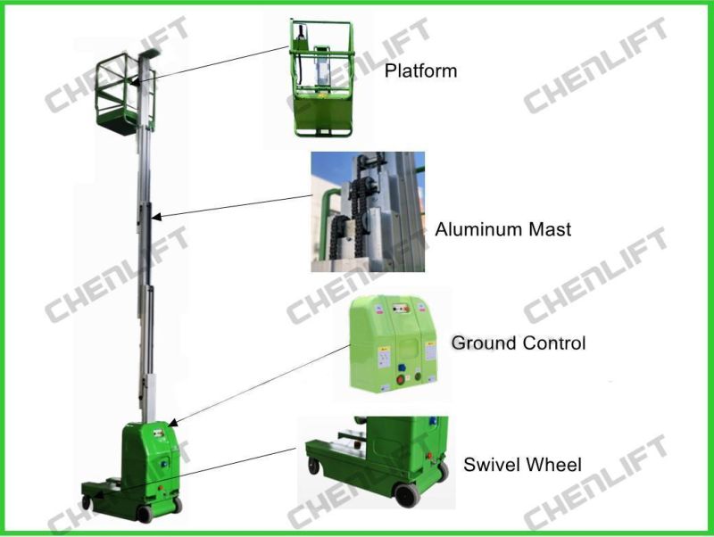 11m Working Height 150kg Load Self Propelled Vertical Lift with Swivel Wheel