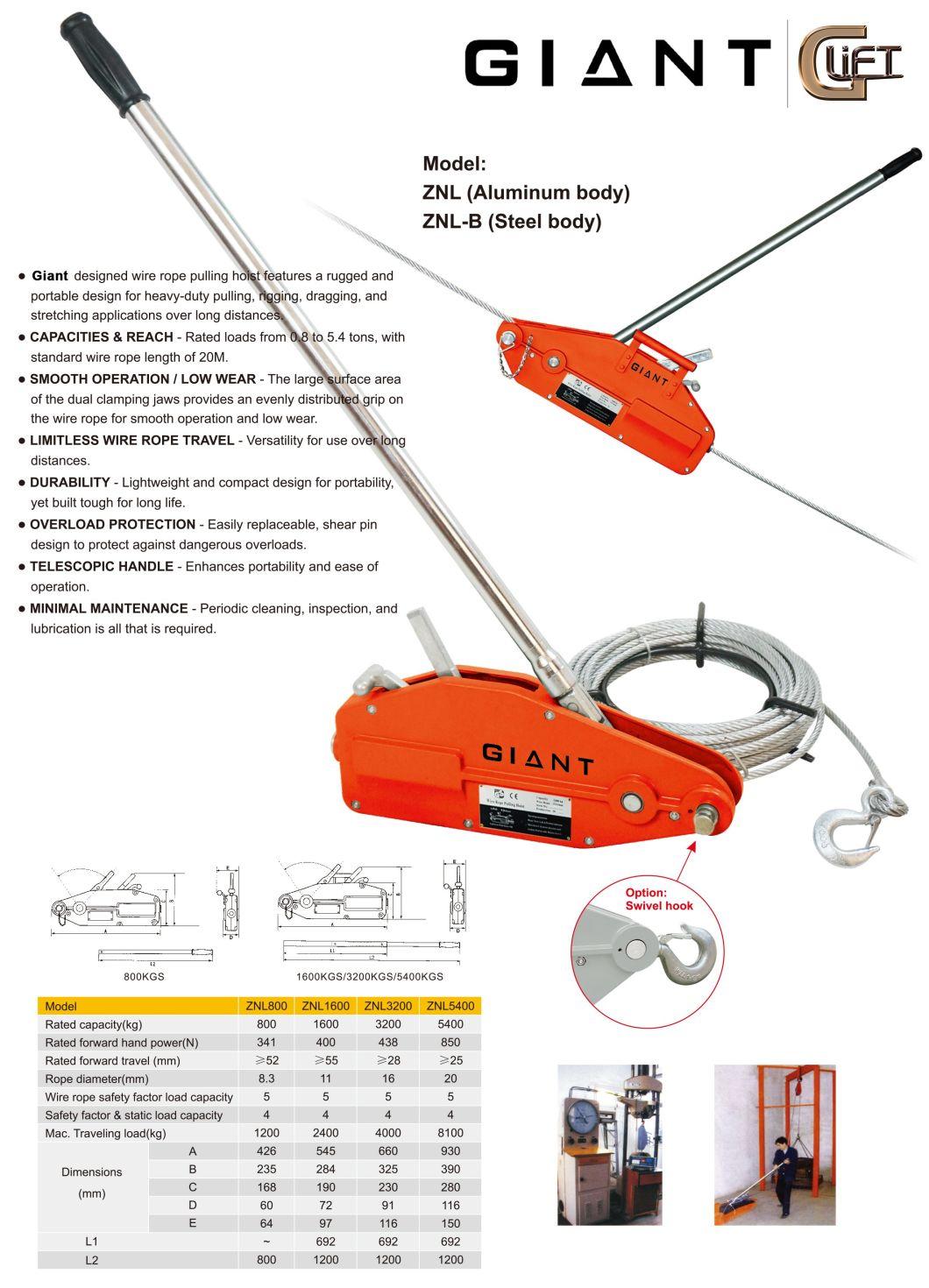 0.8-5.4t Portable Manual Wire Rope Pulling Hoist Aluminum/Steel Body Hand Cabel Pulling Winch (ZNL-B)