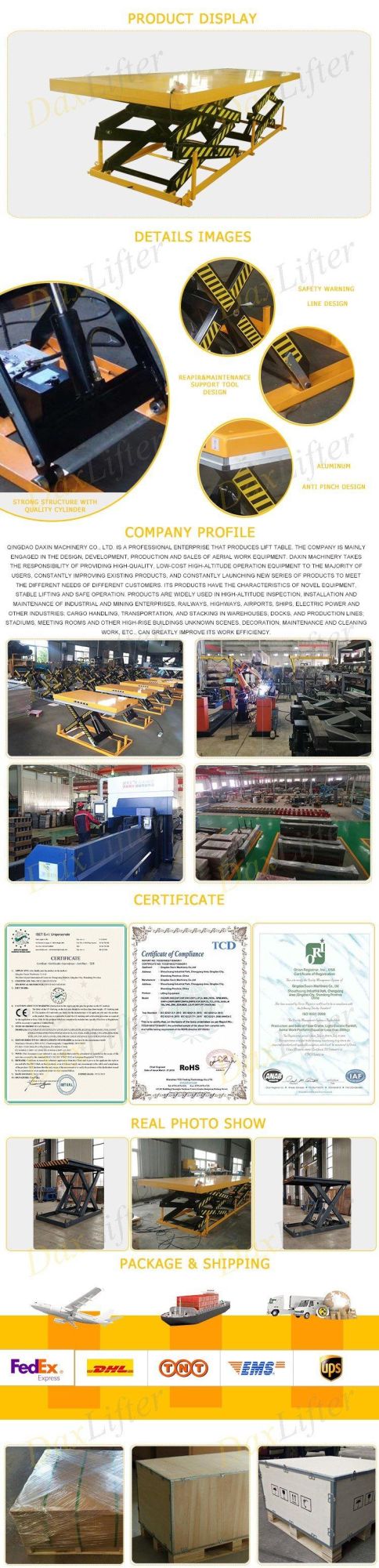 Stable Structure Vertical Rise Stationary Customized Hydraulic Lift Table