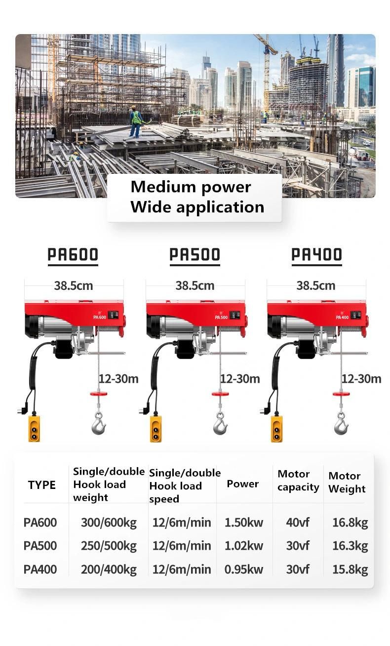 Ce Mini Electric Hoist PA 200kg 400kg 600kg 800kg 1200kg Building Used Mini Electric Hoist 110V 220V China Factory