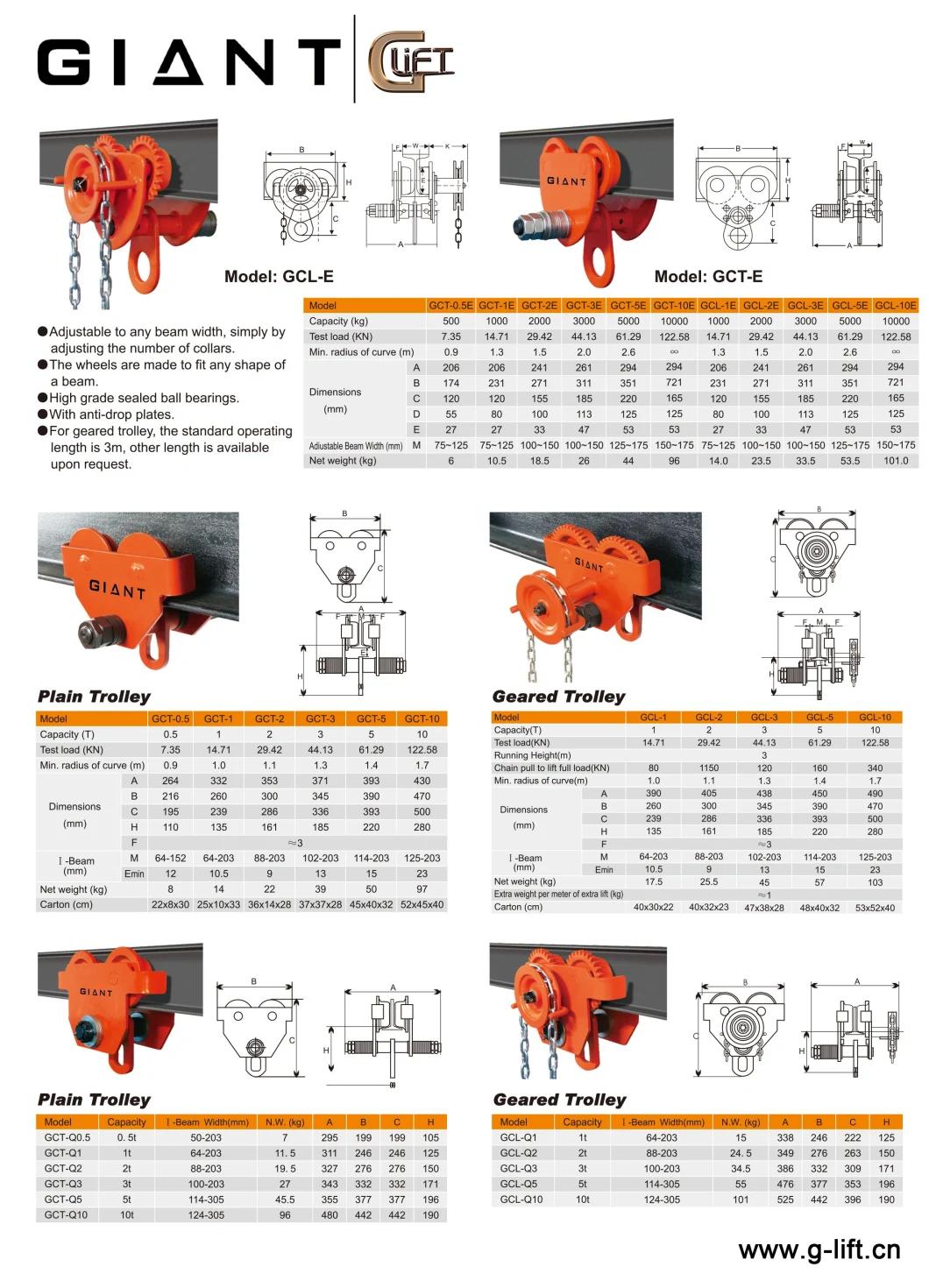 Manual Beam Trolley for Hoist Hand Push/High Grade Track Beam Running Manual Pulling for Hoist Trolley (GCLGCT Series)