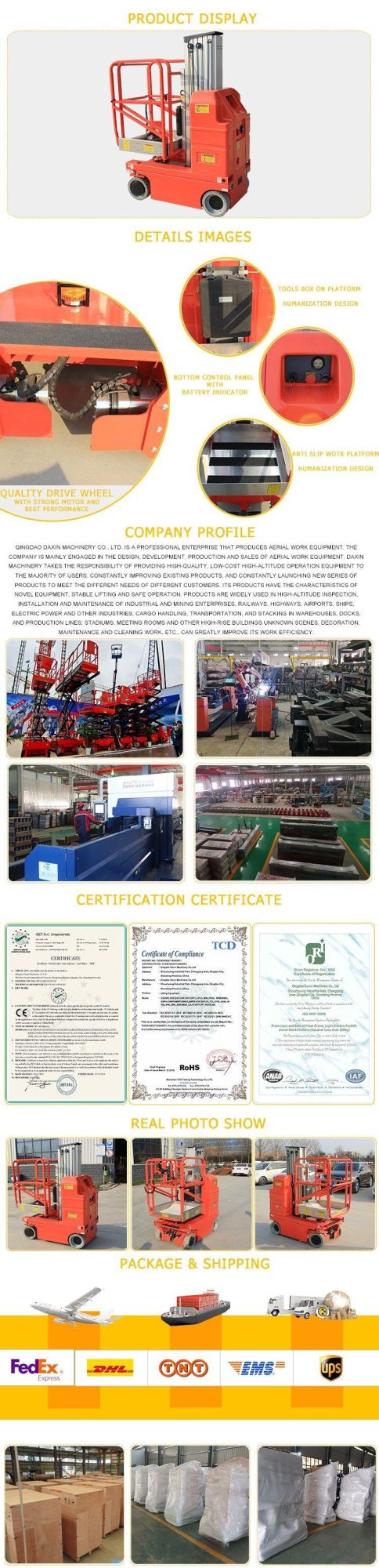 Various Height One Mast Self-Moving Aluminum Aerial Work Platform Manufacturers