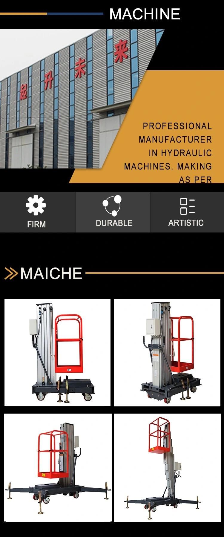 Max Platform Hight 8m-12m Single Mast Aluminum Hydraulic Lifter Small Lifting Machine