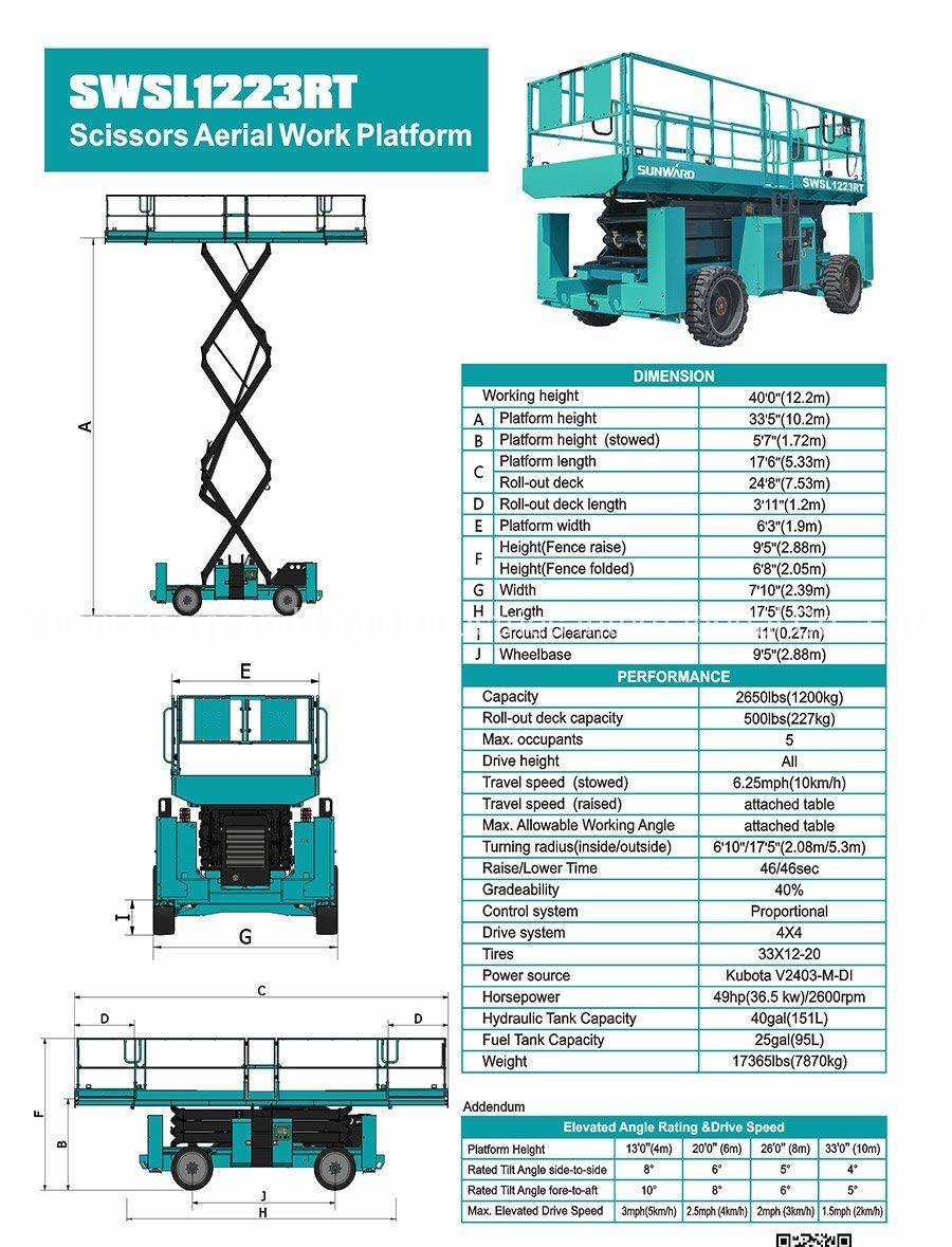 Sunward Cross Country Scissor Type Aerial Working Platform Swsl1223rt