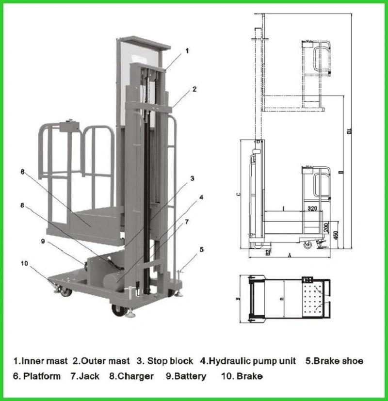 200kg Warehouse Semi Electric Aerial Platform Order Picker with Ce Certificate