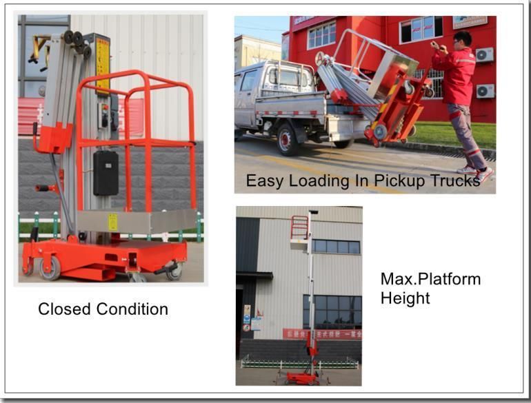 CE Certified Single Mast Manual Pushing Vertical Lift with Tilting Function
