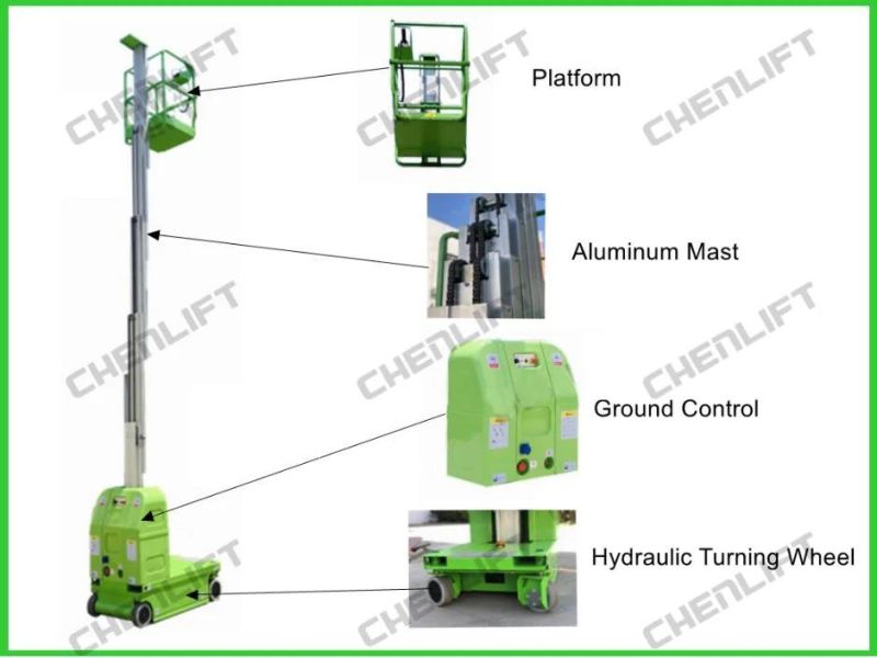 CE Approved 7.5m Working Height Double Mast Vertical Lift with Hydraulic Turning Wheel