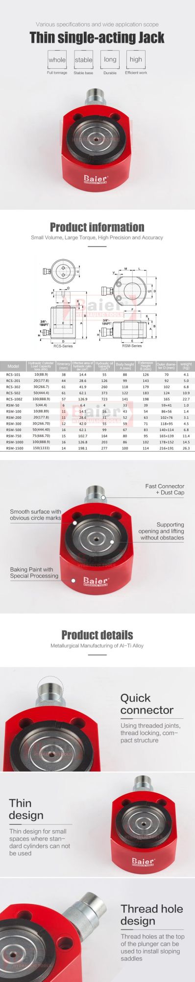 Pancake Thin 10 to 150 Tons Hydraulic Jack Big Tonnage