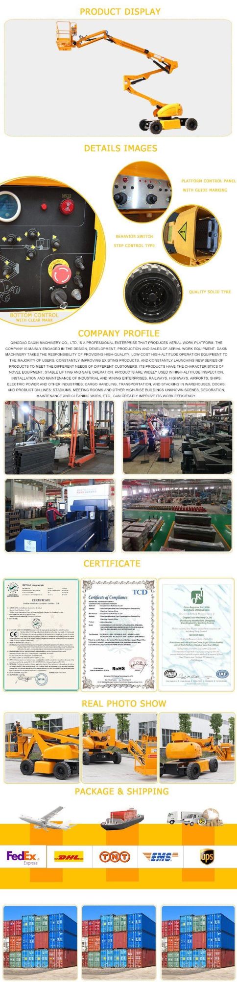 300kg 18m Professional Durable Self-Propelled Articulating Electric Construction Equipment