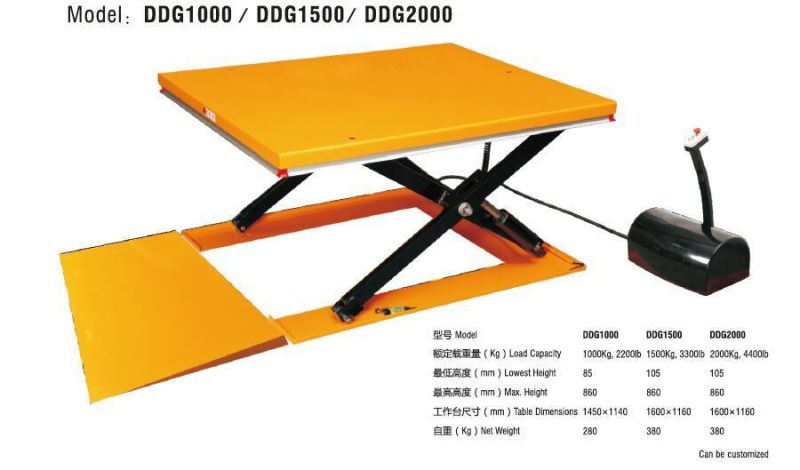 1000kg Capacity Low Profile Powered Scissor Lift Table with U Shaped Platform