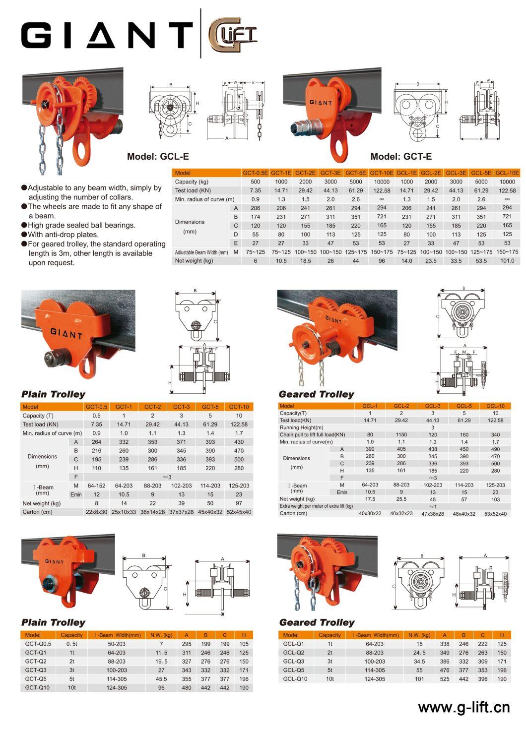 Hot Sell China Manufactory Plain Trolley in Chain Hoist Heavy Duty Manual Beam Trolley (GCLGCT Series)