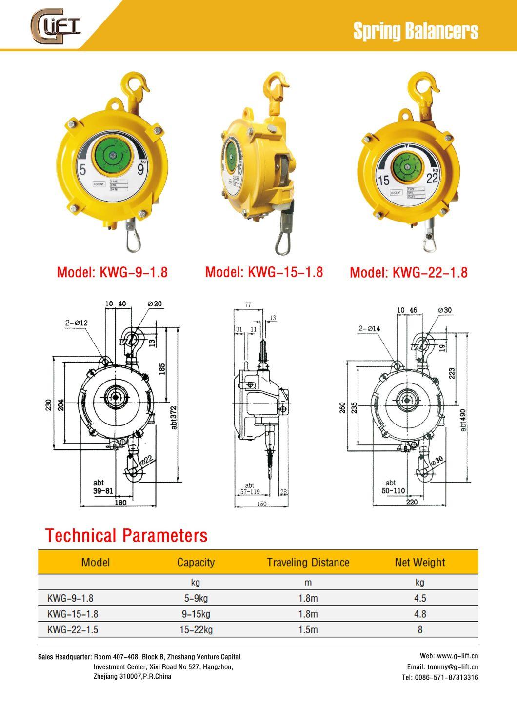 Kwg Spring Balancer 5-22kgs Factory Sling Puller Workshop Spring Crane Tower Balancer