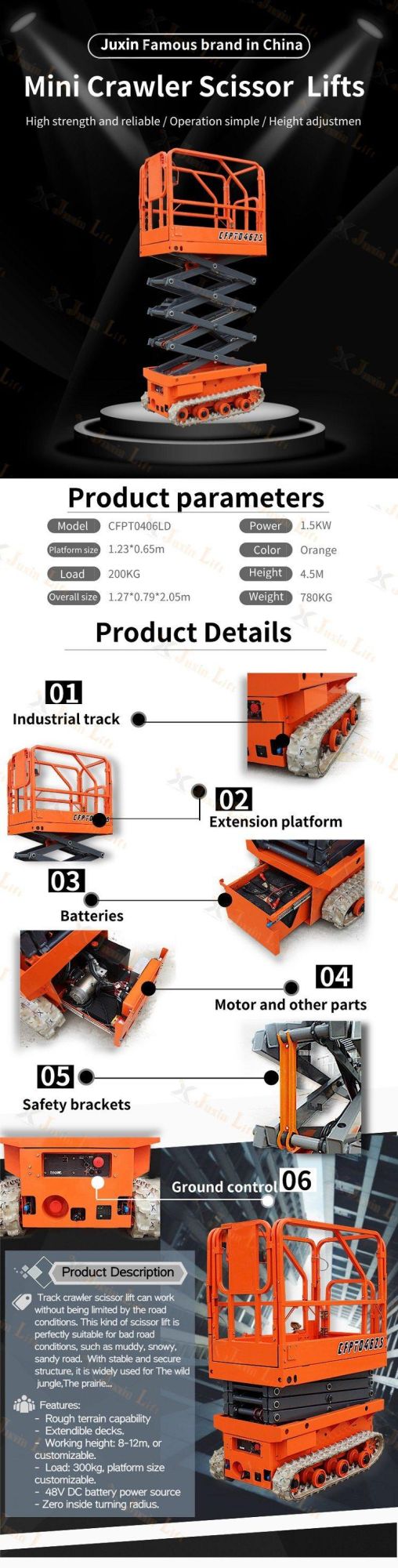 Mini Small 6.5m Lifting Height Rubber Tracked Crawler Electric Motor Scissor Lift Work Platform with Low Cost