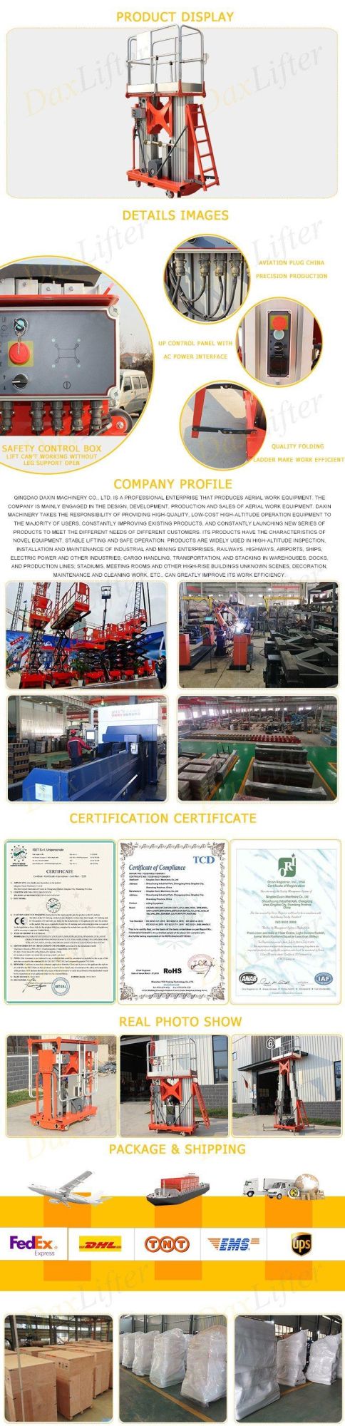 Electric Hydraulic Battery Aluminum Vertical Mast Lift Two One Man Lift with CE Certificate