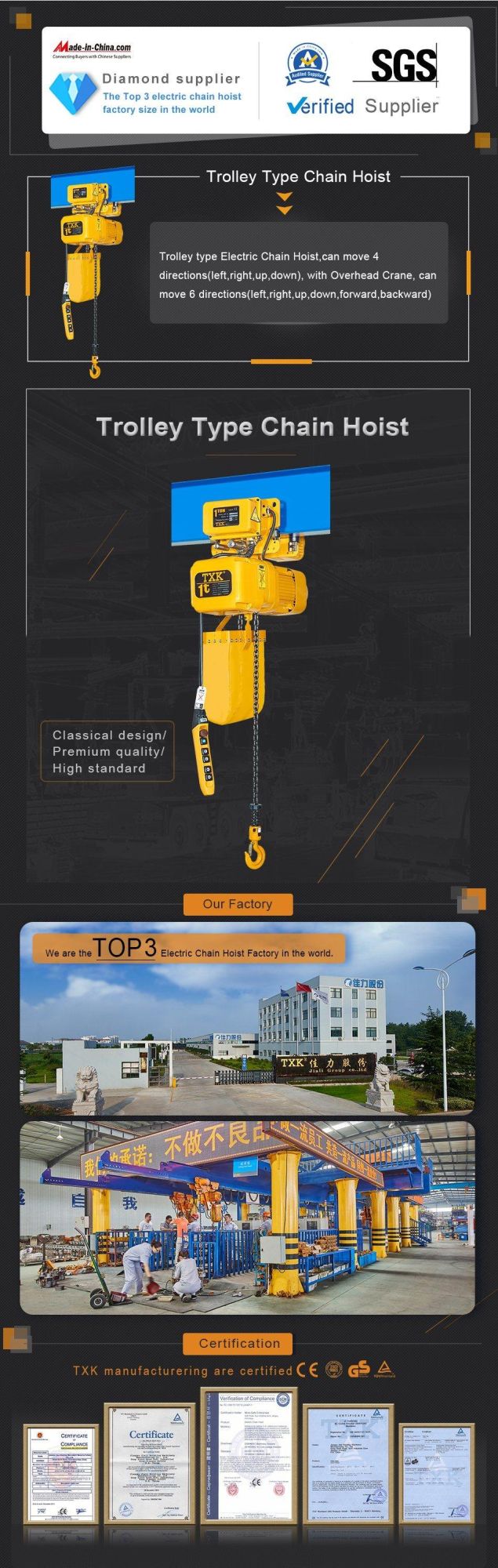 Txk Light Duty 1ton Electric Mechanical Engine Lifting Chain Hoist with Trolley