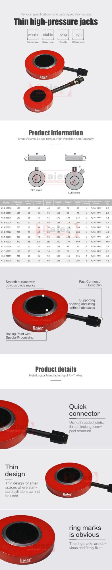 Baier Chinese Factory Clb/Cle Series Ultrahigh Pressure Low Height Hydraulic Jack Cle-10010