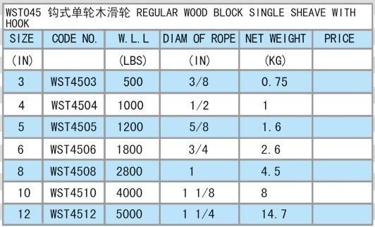 Us Type Regular Wood Block Single Sheave with Hook