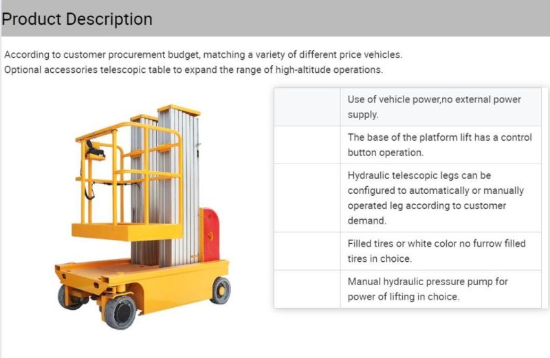 6m Single Mast Lift Platform Aluminum Lift Tables Use for Aerial Work in Lobby Supermarket and School