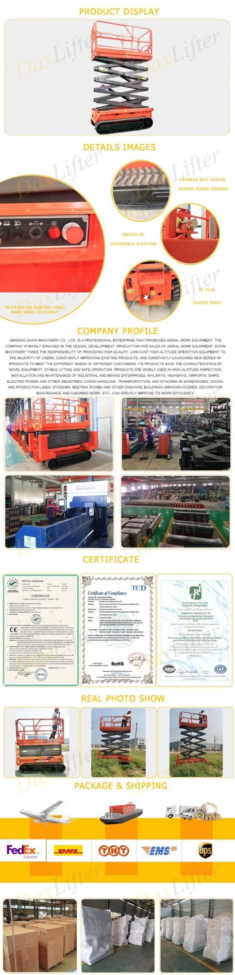 Rough Terrain Self Propelled Mini Man Battery Hydraulic Electric Mobile Crawler Scissor Lift