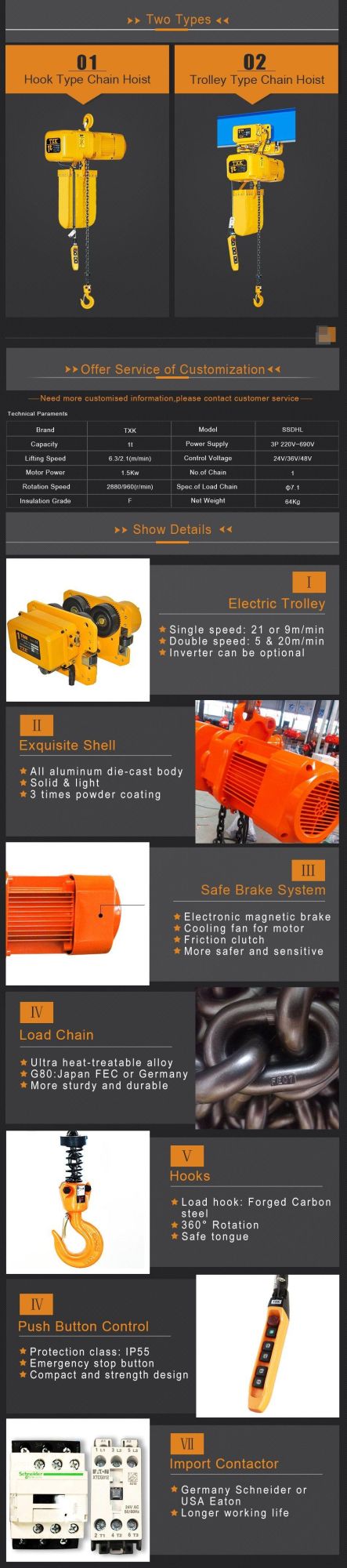 Txk Light Duty 1ton Electric Mechanical Engine Lifting Chain Hoist with Trolley