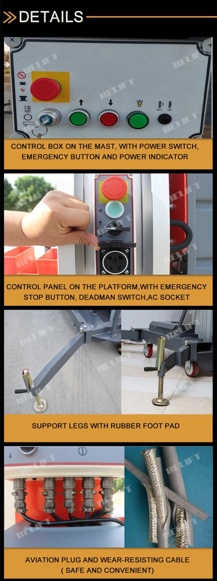 V 200kg Weight Dual Masts Aluminum Aerial Work Platform Hydrolic Lift