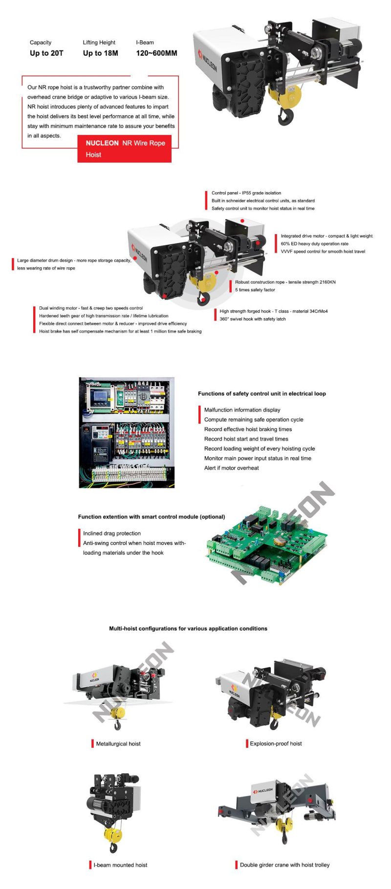 Nucleon High Performance 3 Ton Electric Wire Rope Hoist for Pendant Control Single Girder Crane